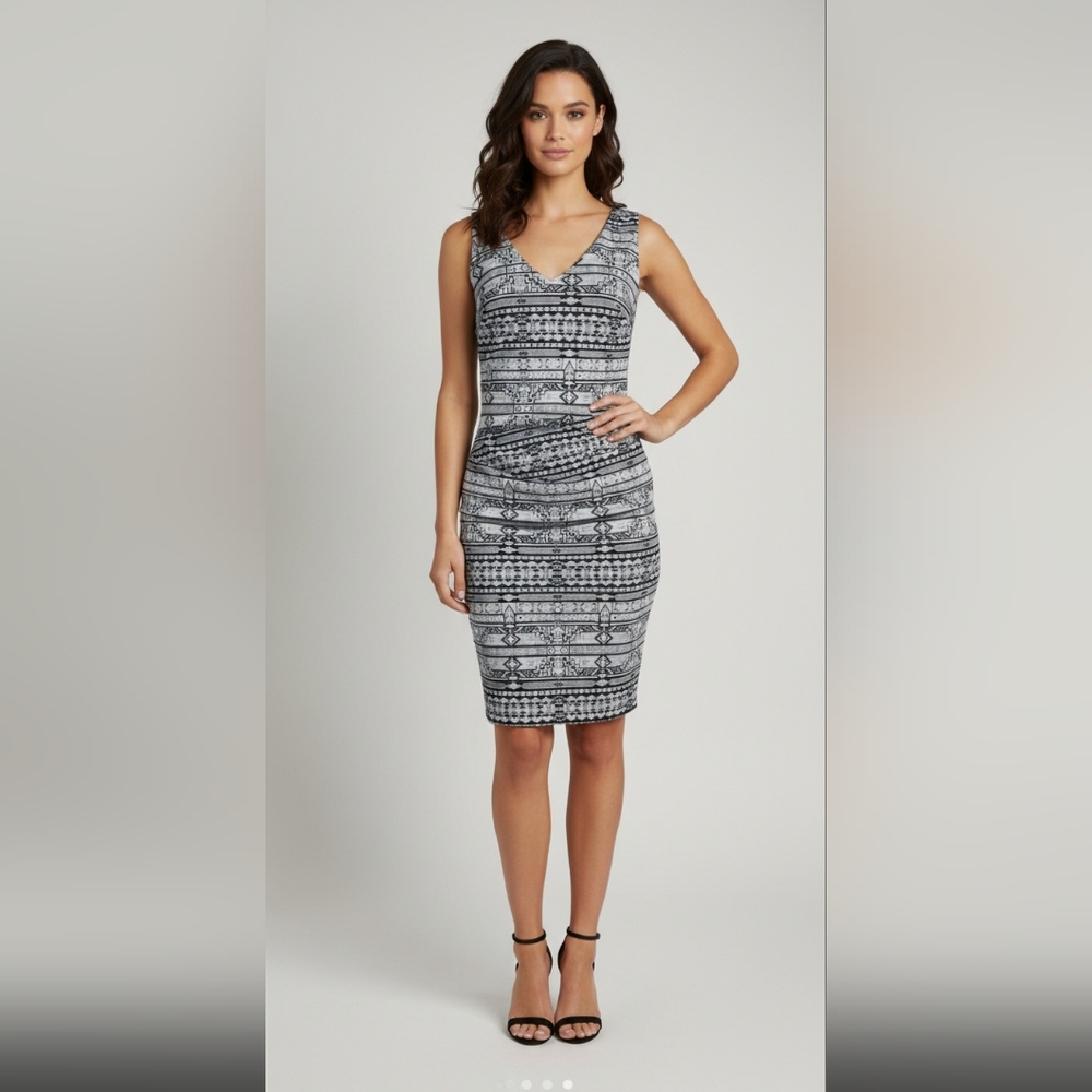 NWT Nicole Miller Artelier Metallic Tribal Jacquard Tucked Waist Sheath Dress 0